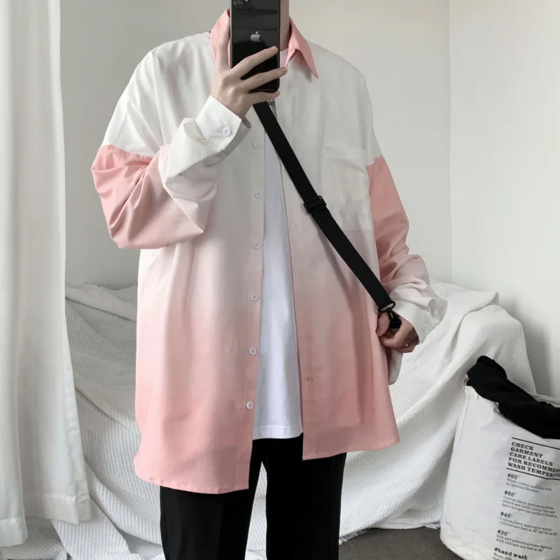 

Spring Summer Gradient Shirts Men's Fashion Pocket Casual Shirts Men Korean Loose Long-sleeved Shirts Mens Dress Shirts M-2XL