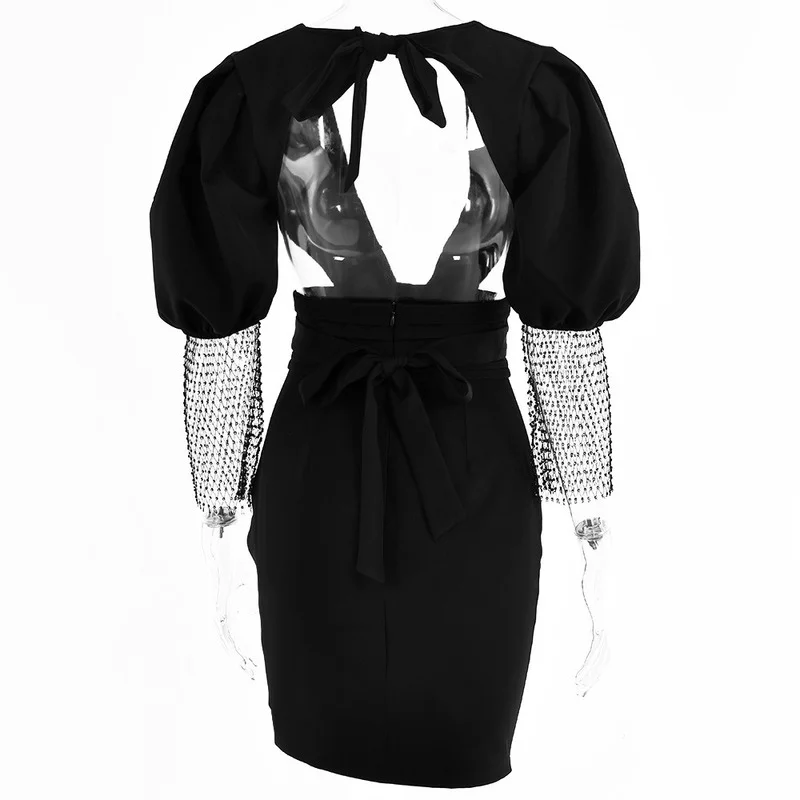 

Sexy Halter V-neck Mesh Diamond Bag Hip Skirt Sexy Halter Dress Women Puff Sleeve Mini Dress Women Fashion Summer Party Vestidos