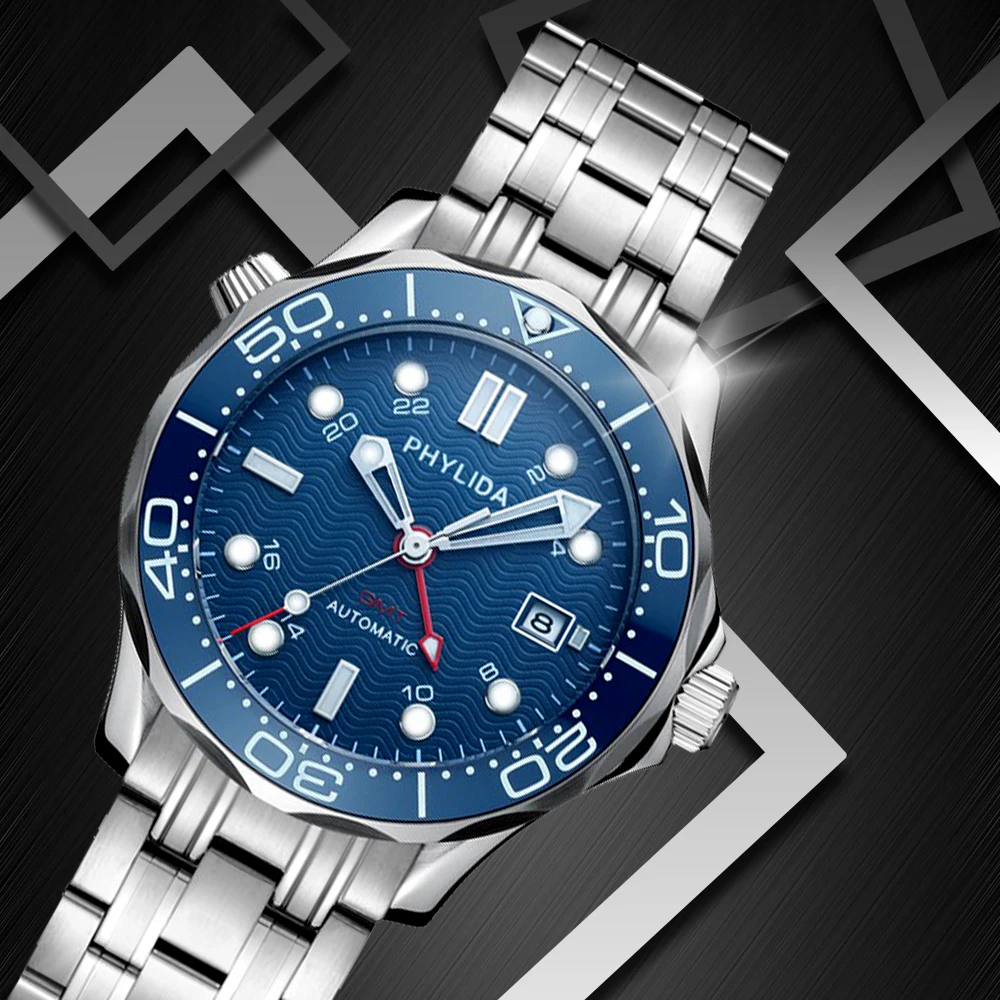 

PHYLIDA 2021 New 20br Waterproof Blue Wave Dial Automatic Sport Business Watch Male Sapphire Crystal for Sea-Master Diver