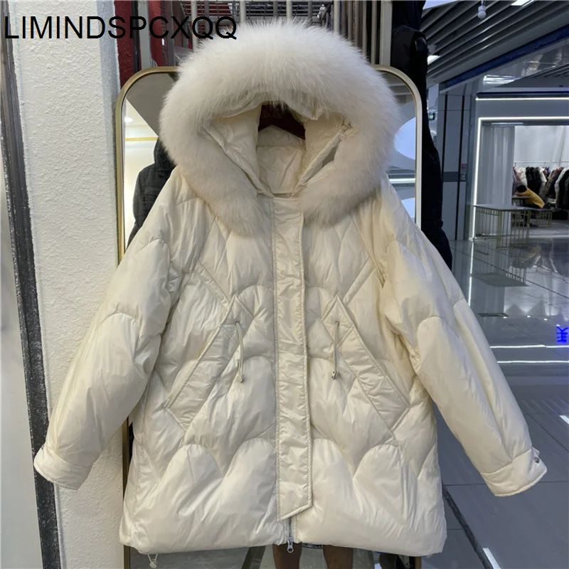 2021 Big Natural Fur Collar Winter Down Coat Women Warm Hooded Parkas 90% White Duck Down Jacket Female Loose Thick Snow Outwear