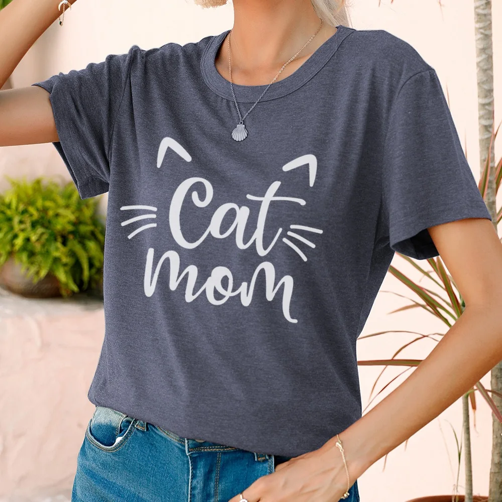 

Korean Style 90s Casual Fashion Women Cute Cat Mom Graphic Clothing T-Shirt Funny Regular Crew Neck Comfort Letter Print Female