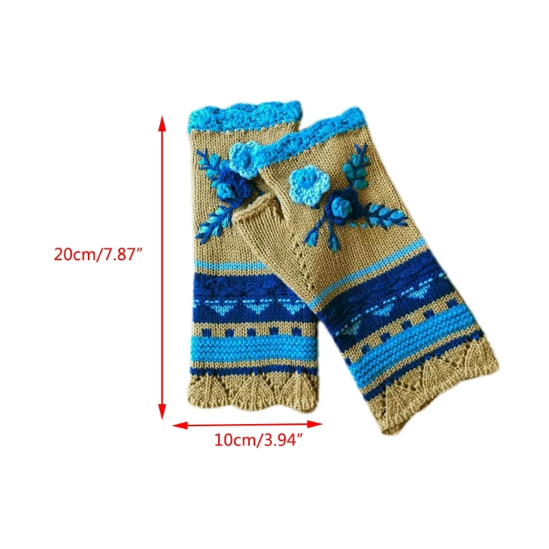 

Women Winter Chunky Knit Texting Fingerless Gloves Ethnic Vintage Multicolor Striped Crochet Floral Thumb Hole Mittens Stretchy