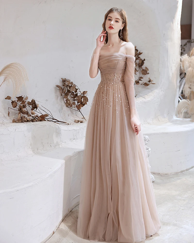 formal evening gowns Gorgeous Evening Dresses 2021 Nude Pink Sexy Off Shoulder Beaded Beading Sequined Long Sleeve Formal Gown formal evening gowns