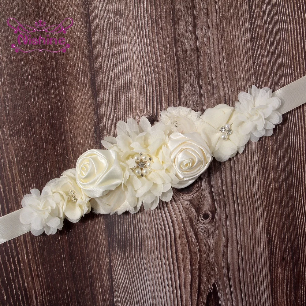 

High Quality Beige Chiffon Flower Waistband Handmade Beaded Floral Maternity Belt Wedding Dress Sash Cute Accessories for Women