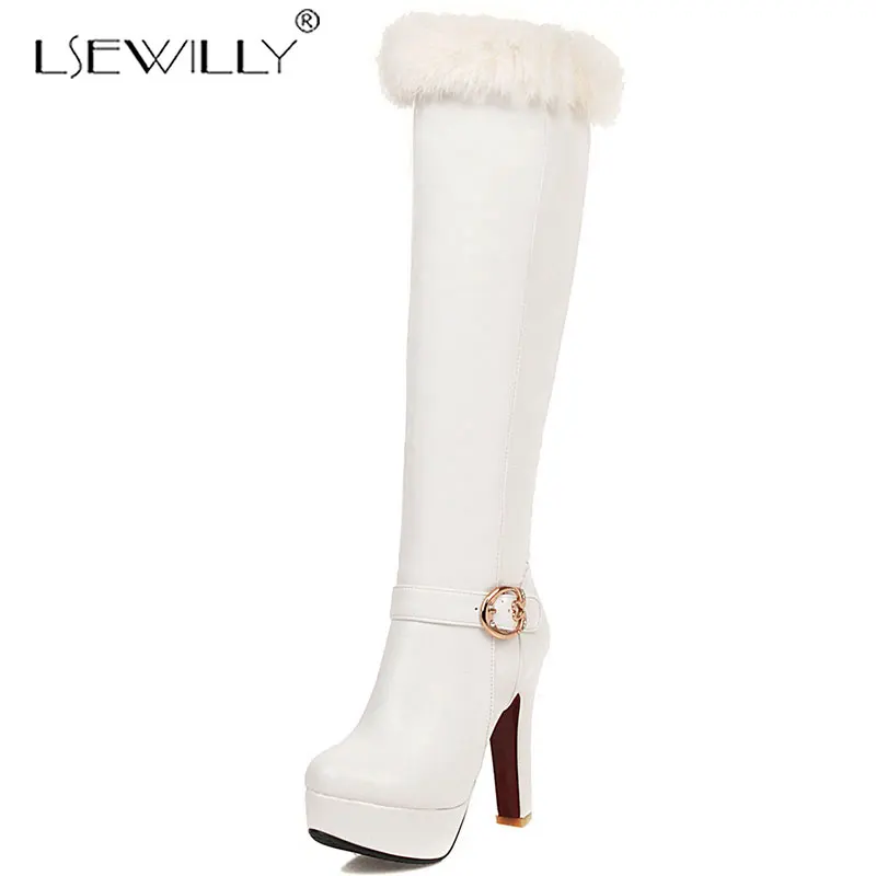 

Lsewilly plus size 33-48 fashion knee high boots women zip thick high heels autumn winter boots faux fur platform ladies botas