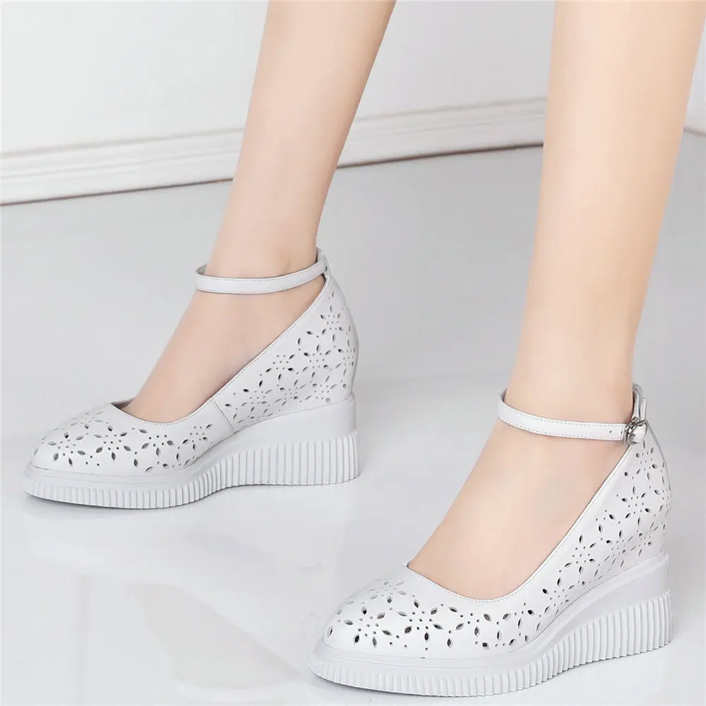 Mary Janes Women Genuine Leather Pointed Toe Ankle Strap High Heels Cutout Sandals Oxfords Casual Party Pumps