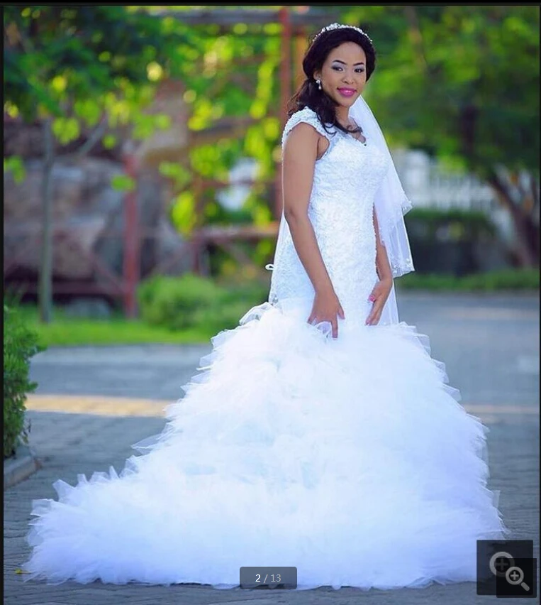 

2020 Robe de Mariage mermaid wedding dress lace appliques ruffled cap sleeve african arabic bride dress modest wedding gowns