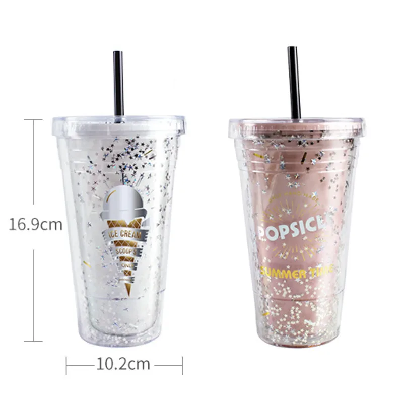 

480ml Summer Dessert Double Straw Cup Portable Summer Office School Splash Plastic Cup Creative Gift For Girl
