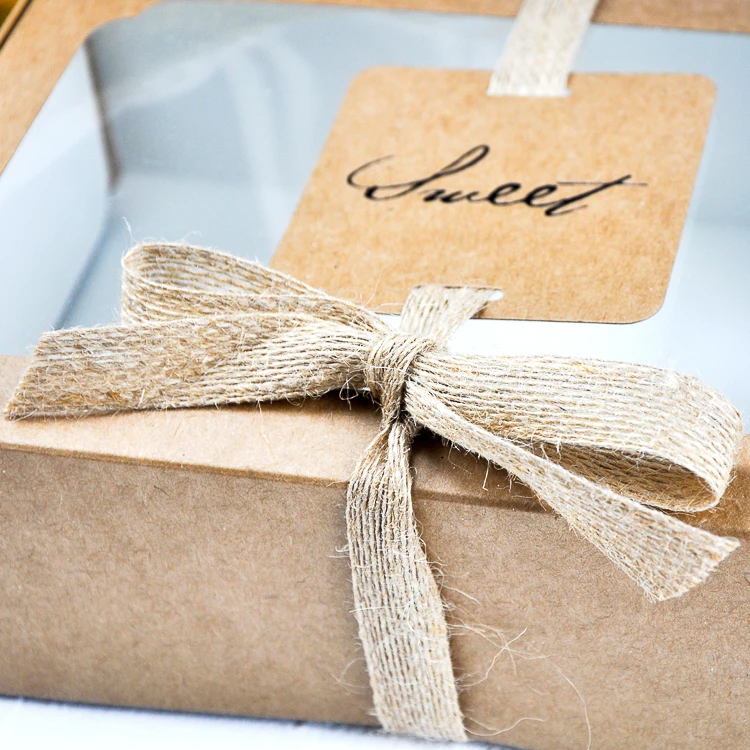 

5PCS Hand Handle Silk Ribbon Gift Bag/Kraft Paper Hemp Rope Bow Transparent Window Box Fruit Salad Takeaway Square Packaging Box