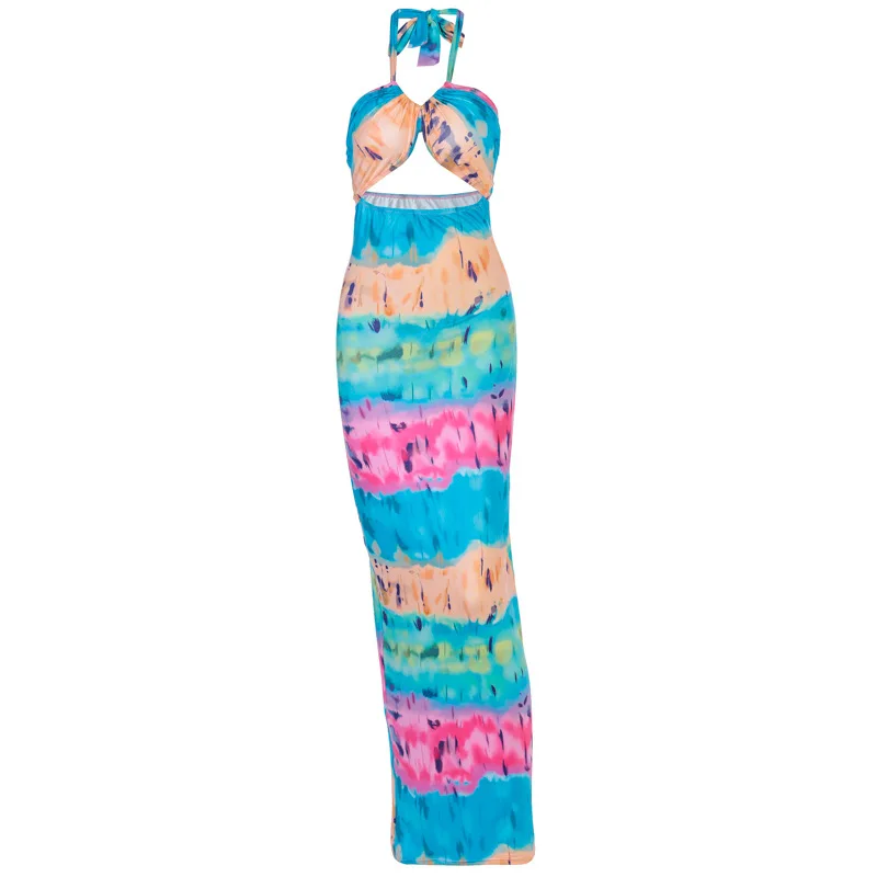 

Rainbow Tie Dye Print Hanging Neck Lace Up Dress 2020 Summer New Personality Fashion Backless Long Dress Bodycon Beach Sundress