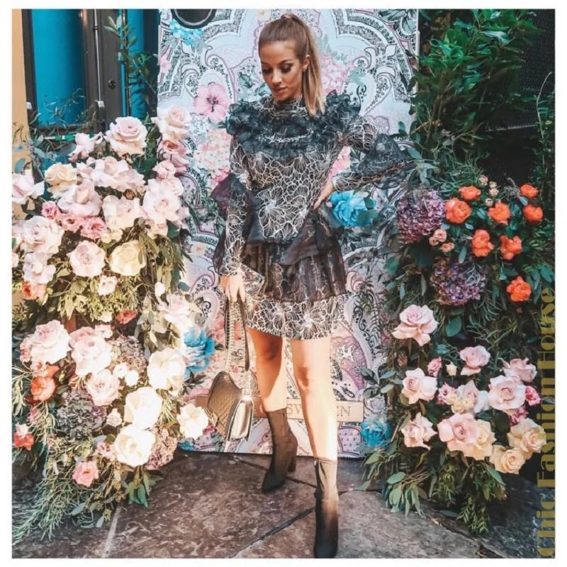 

Summer Ladies Net Yarn 3D Printing Ruffles Pleated Dress 2021New Women's Ruffle Sleeves Fashion Party Elegant Sweater, Skirt Bin