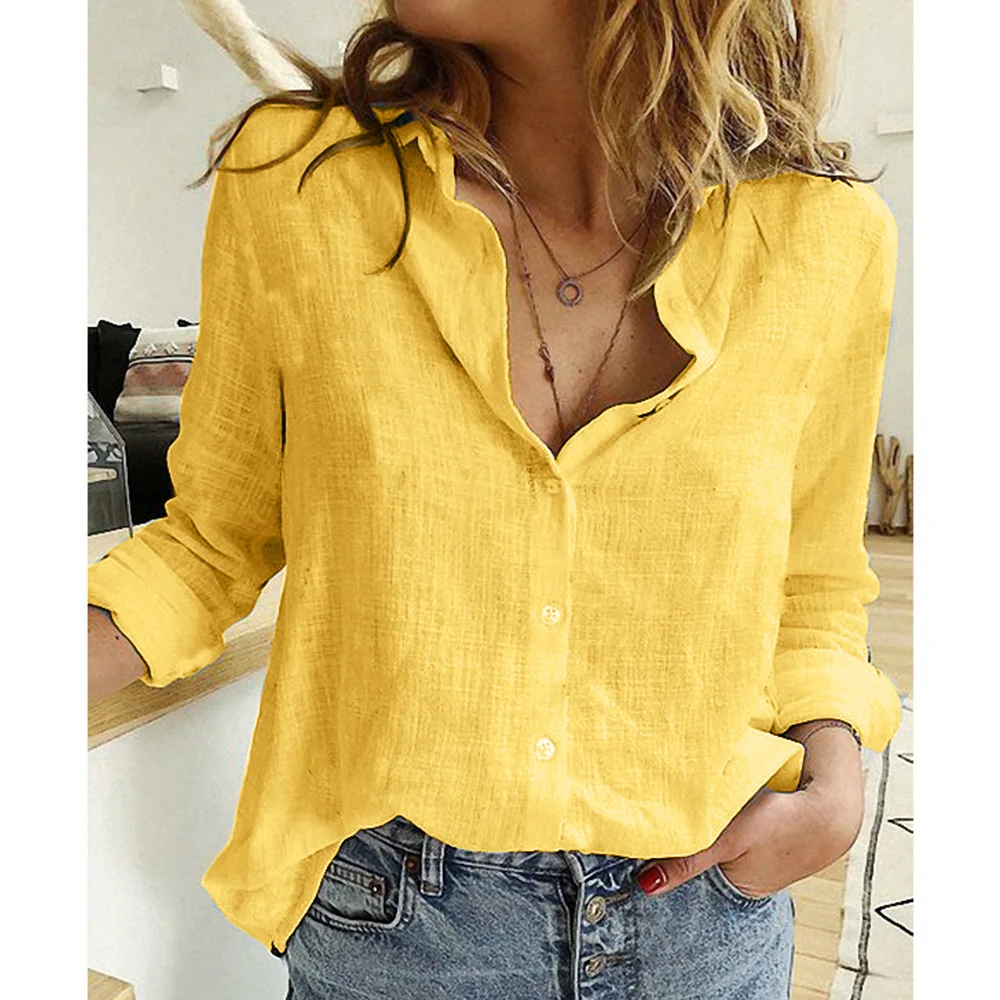 

Leisure White Yellow Shirts Button Lapel Cardigan Top Lady Loose Long Sleeve Oversized Shirt Womens Blouses Spring Blusas Mujer