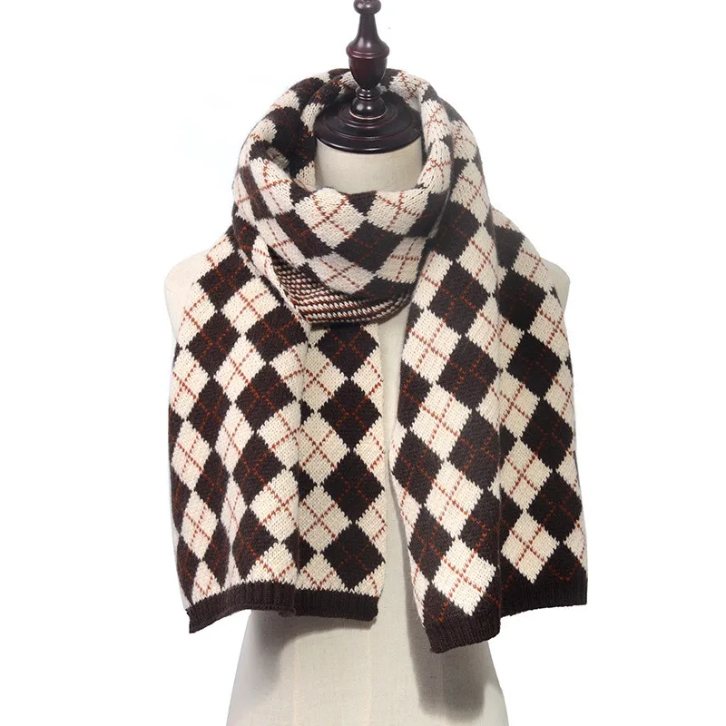 

Designer Women's Autumn Winter Thick Diamond Plaid Female Scarf Warm Knitted Luxury Scarves Cashmere Shawls Accessories