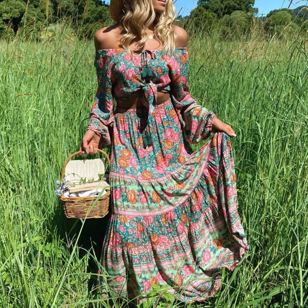 

Jastie Hipple Летняя женская юбка, богемная Цветочная печать, эластичная резинка на талии, юбка с оборками, винтажная Повседневная Женская одежда ...