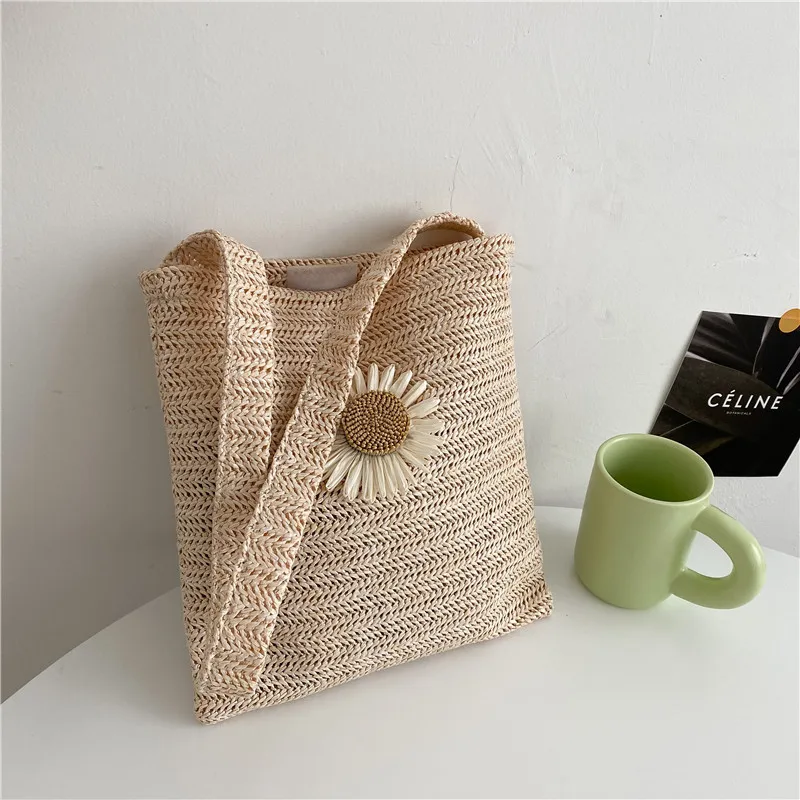 

Летняя маленькая сумка для девушек и женщин, Плетеная соломенная Декоративная Сумка с аппликацией ромашки и цветов, Женская Экологически ч...