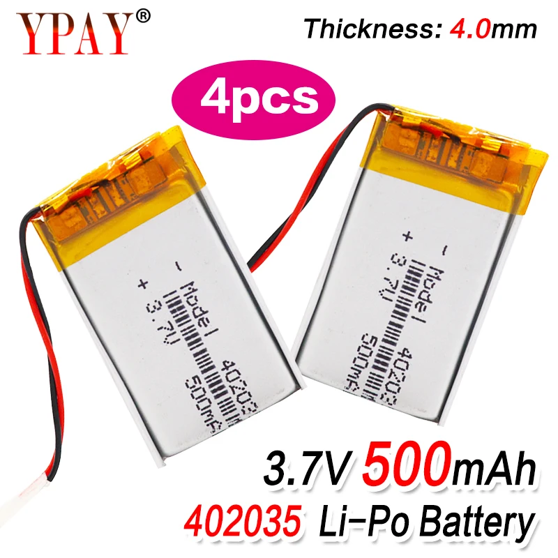 4pcs high capacity High Quality 3.7V 402035 Lipo Lithium Polymer Batteries 500mAh Li Ion Battery Replacement For Bt HeadsetToys |