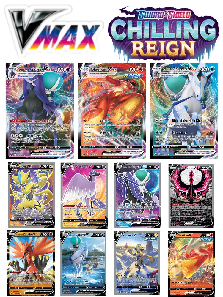 pokemon new english card vmax 50 pcs zapdos tcg sword shield chilling reign calyrex dynamax vmax cards game collectible toys free global shipping