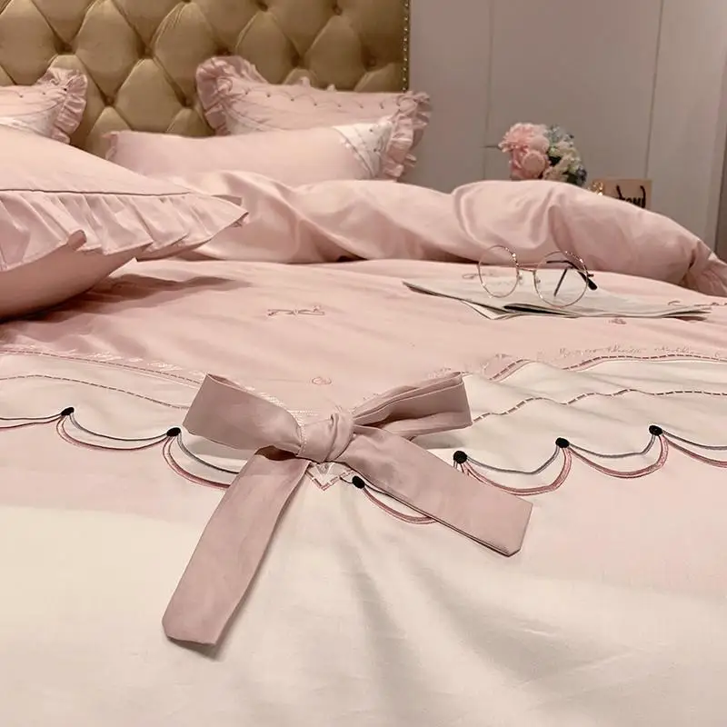 

Cute bow Bedding Set Queen Size embroidery Bedding Sheet egyptian cotton Bed Linen ropa de cama King Bed Set Duvet Cover 4/7pcs