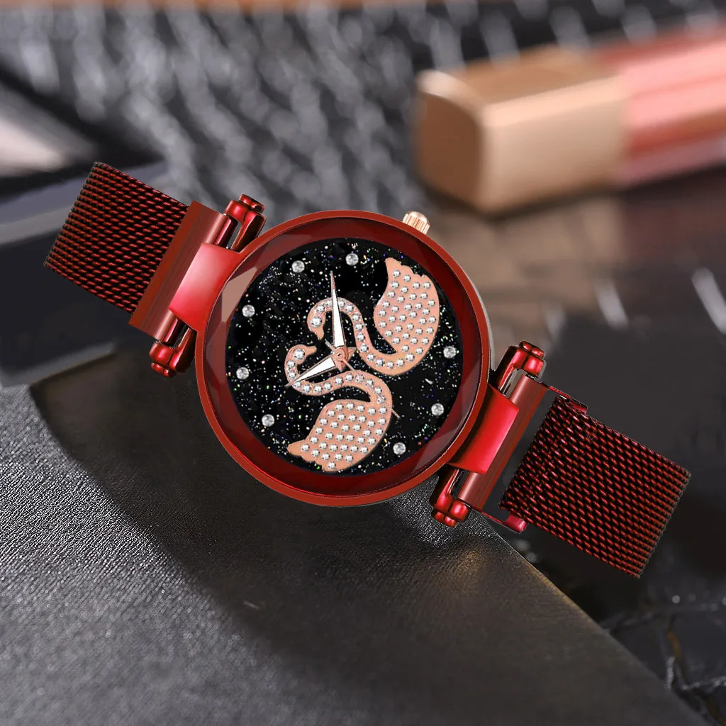 Женские кварцевые часы с магнитным магнитом камнями лебедем и бриллиантом