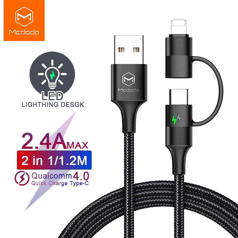 USB кабель Mcdodo Type C для Samsung Redmi Note 7 usb 2 в 1 быстрой зарядки iPhone X XR XS Max и передачи