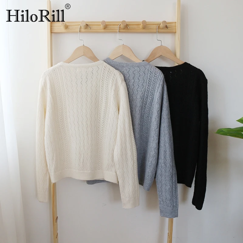 

HiloRill Elegant O Neck Sweater Women Hollow Out Cardigan 2021 Long Sleeve Chic Knitted Cardigans Single Breasted Outerwear Tops