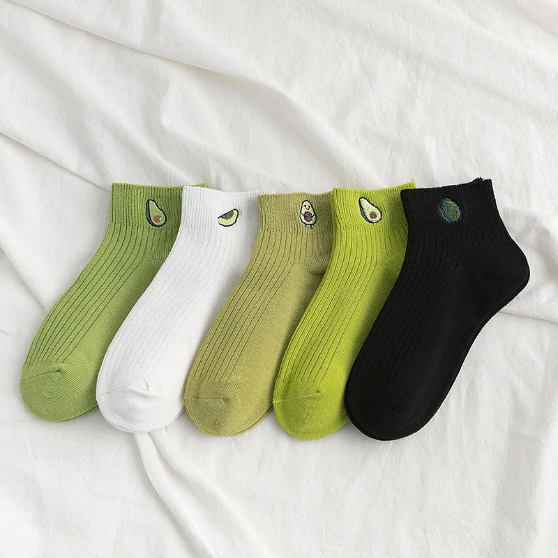 

Women Solid Avocado Embroidery Socks Casual Joker Cotton Short Socks For Ladies Concise College Style Breathable Sox Trendy