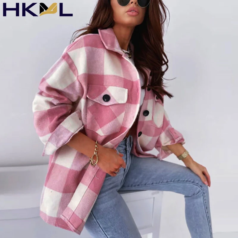 

New Women Turn-Down Collar Pockets Woolen Plaid Coat Long Sleeve Jacket Classic Vintage Loose Overcoat 2021 Winter