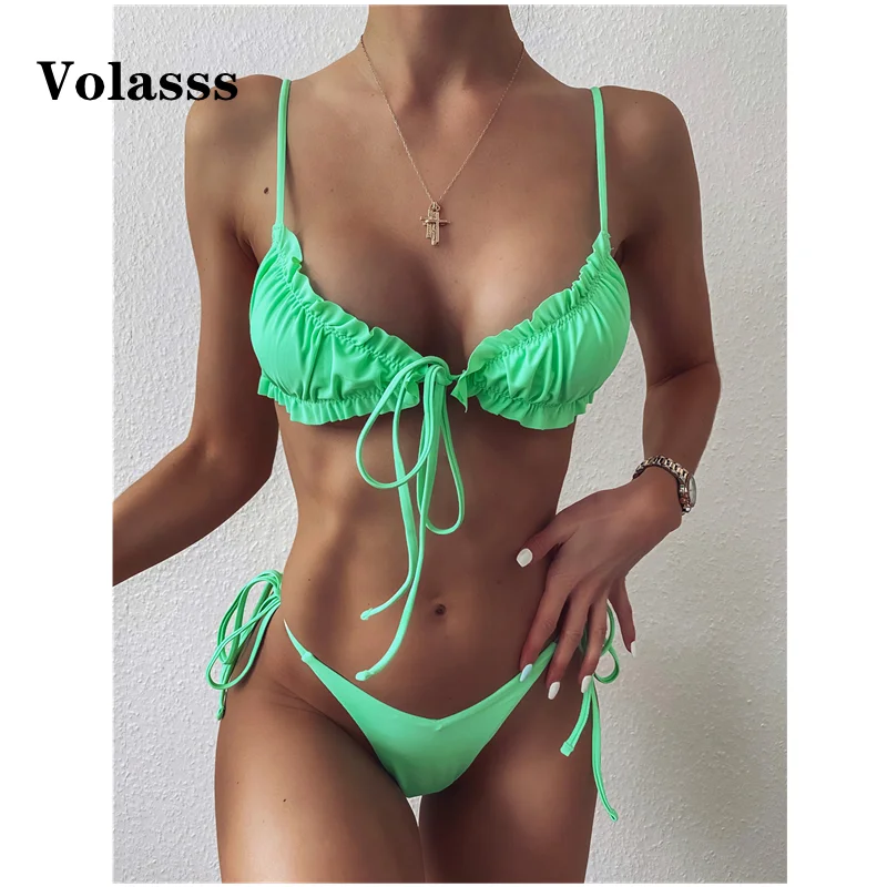 Новый сексуальный купальник женское Плиссированное бикини на шнуровке