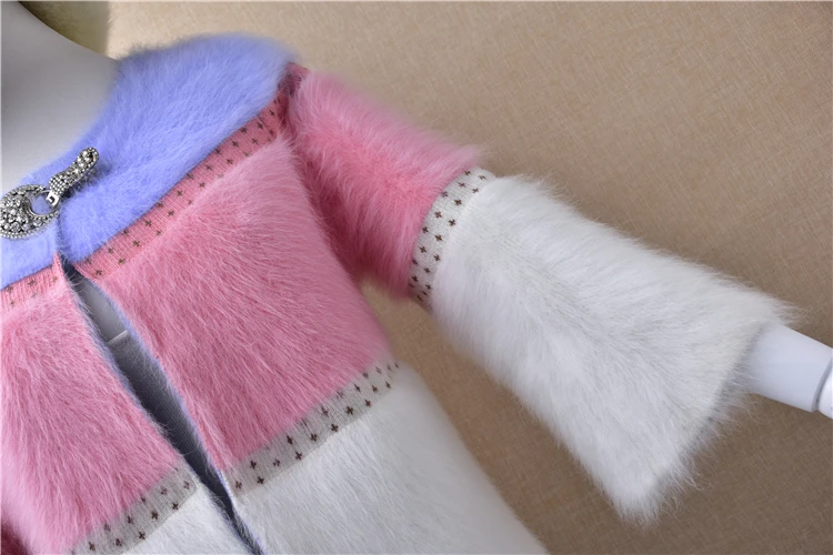 Women's sweet winter short sweater with button up flare sleeve round neck mink coat pure Angora rabbit hair knitted jacket |