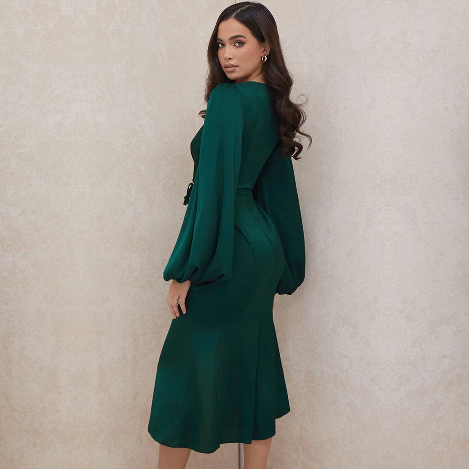 

Adyce Green Summer Dress For Women 2021 New Sexy Long Sleeve V Neck Lace Up Fashion Midi Celebrity Evening Party Club Lady Dress