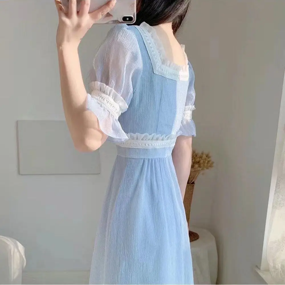

Dress Women Summer Vintage Square Collar Short Sleeve Ruffles Sleeve Chiffon Midi Dress Elegant Lace French Fairy Dress Female