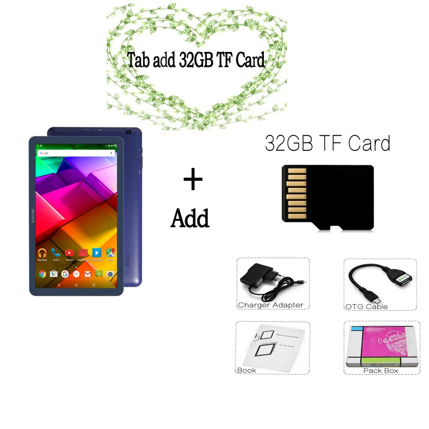 Add 32G TF Card 10 дюймов четырехъядерный мобильный телефон Sim Android 5,1 планшет 1 ГБ ОЗУ и 16 Гб ПЗУ Google Play wifi планшеты ПК Android планшет ПК - Комплект: Add 32G TF Card