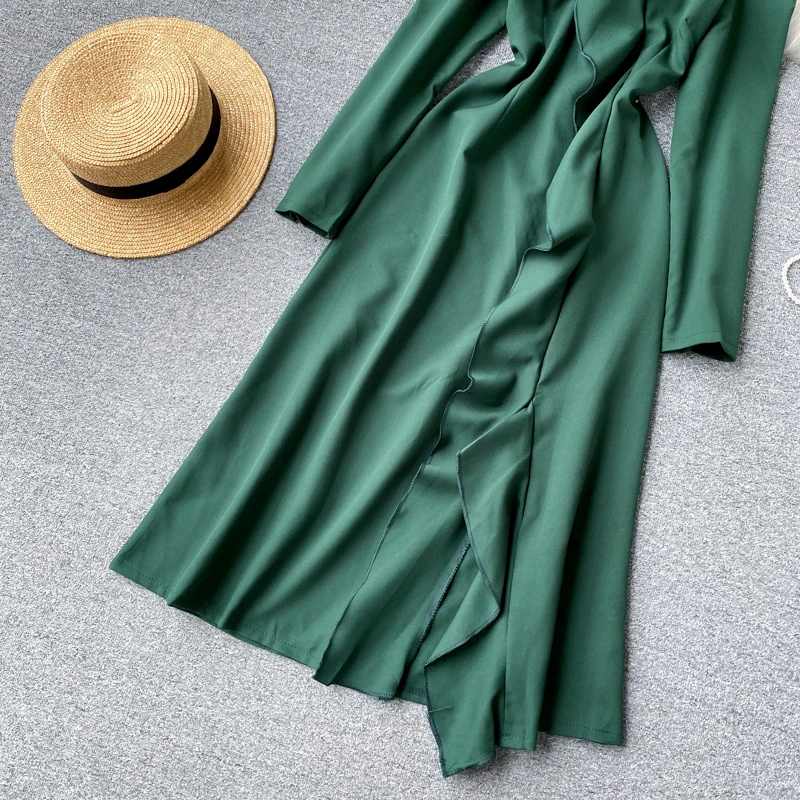 

Autumn Sexy Slash Neck Irregular Ruffle Dress Women Solid Green/Yellow/Red Long Sleeve Casual Vestidos Female New Fashion 2021