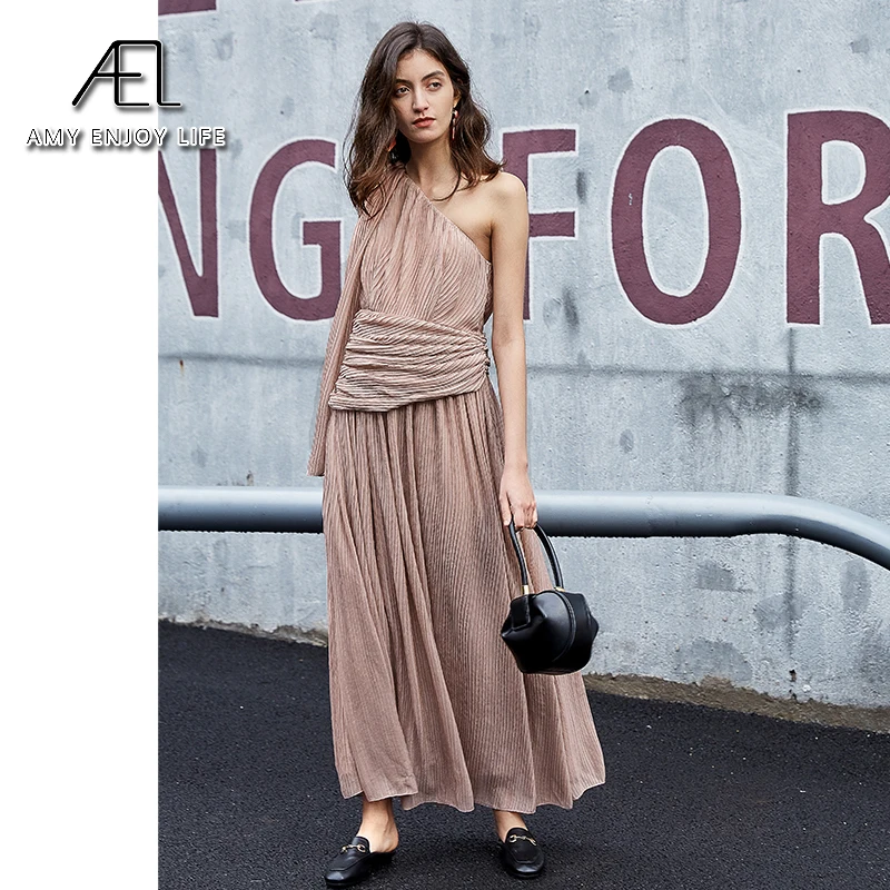 Женское шифоновое платье на одно плечо темно-розовое Плиссированное длинное без