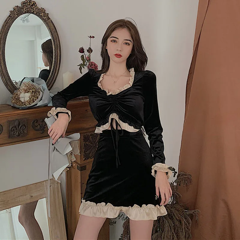 Женский бархатный костюм из двух предметов Модный женский укороченный топ с V