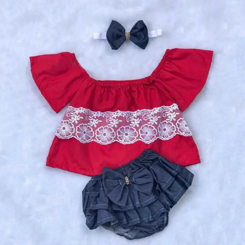 

Dropshipping Baby Girls Princess Clothes Set Summer Infant Off-Shoulder Lace Tops Bowknot Ruffle Shorts Headband Outfits