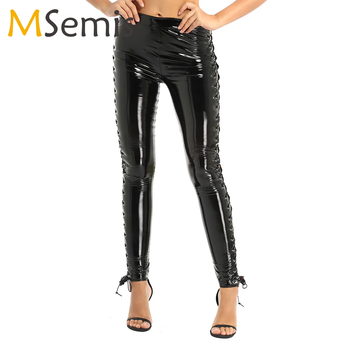 

Womens Pole Dancewear Wet Look Clubwear Side Criss Cross Bandage Leggings Women Sexy Black Pencil Pants High Waist Legging