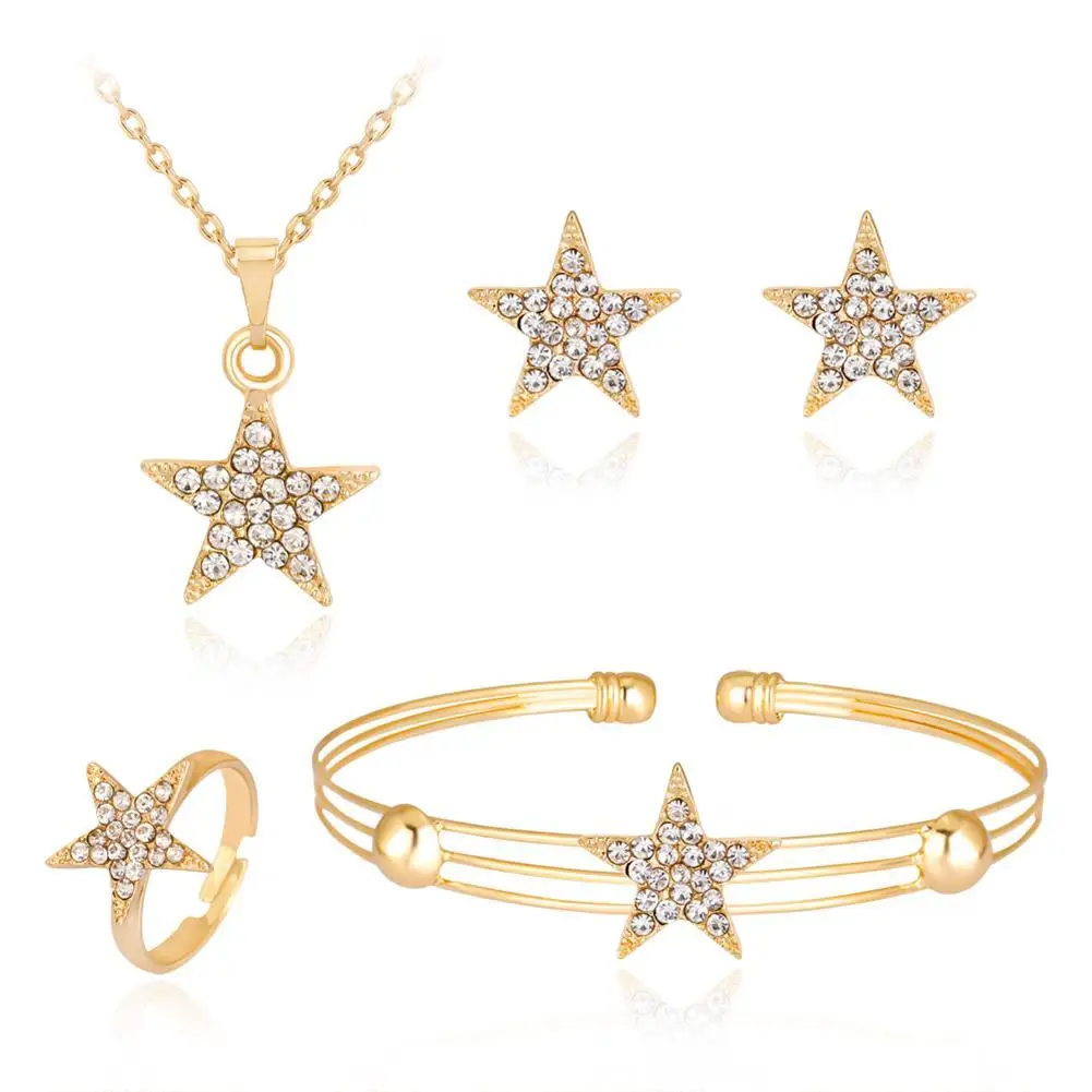 

Women Lovely Rhinestone Star Charm Necklace Earrings Bracelet Ring Jewelry Set