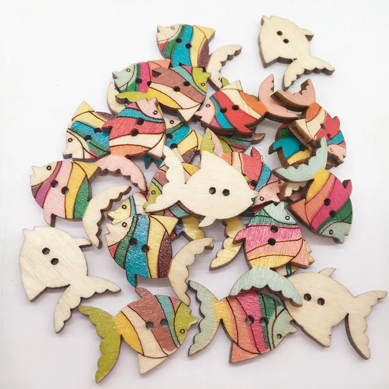 50 таблеток/упаковка 26 мм крашеные маленькие рыбки Деревянные Пуговицы детские DIY