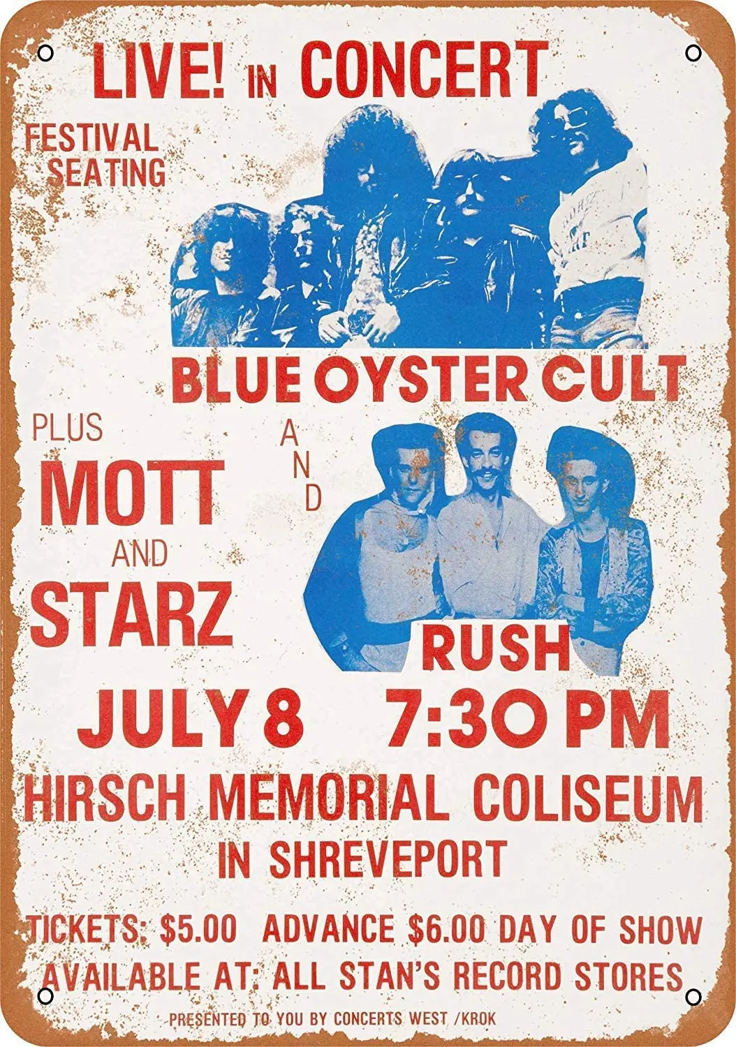 

Tin Sign Novelty 12 x 16 - Blue Oyster Cult Rush in Shreveport - Vintage Art Wall Decor Metal Signs