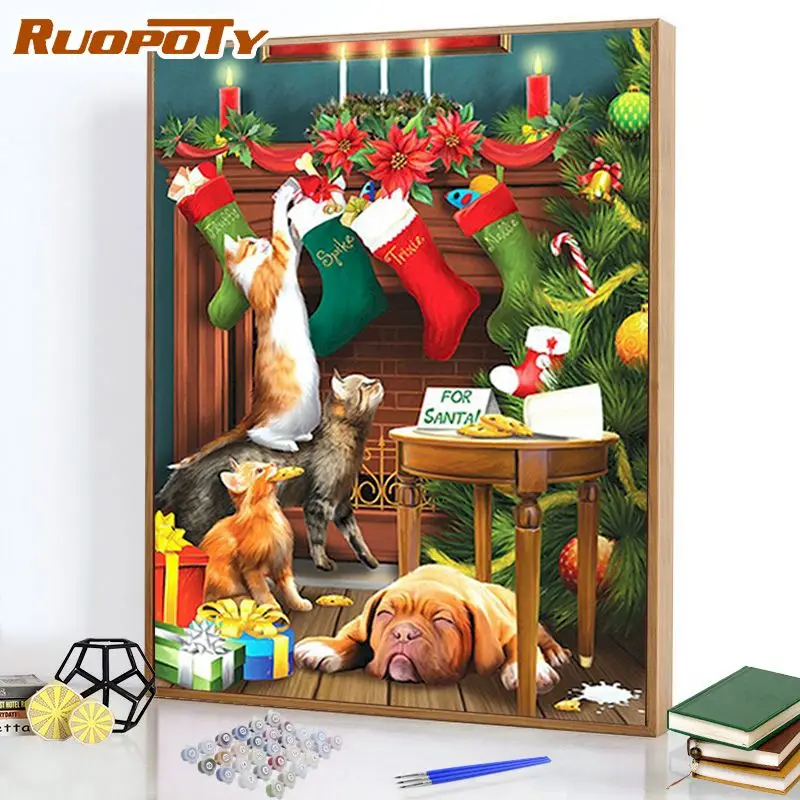 

RUOPOTY DIY Painting By Numbers Christmas stocking Picture Colouring Paints DIY Gift wall decor Picture