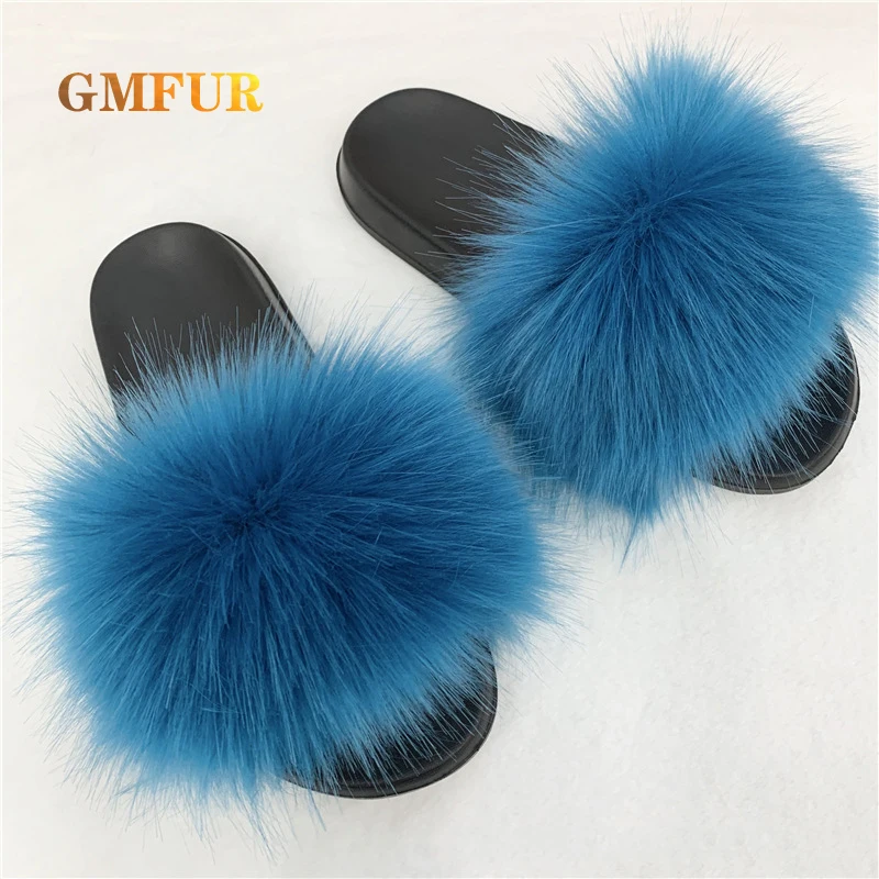 Ladies Slippers Summer New Style Faux Fox Fur Slides Indoor Outdoor Beach Shoes Female Raccoon Soft Plush Flip flop Sandal Women