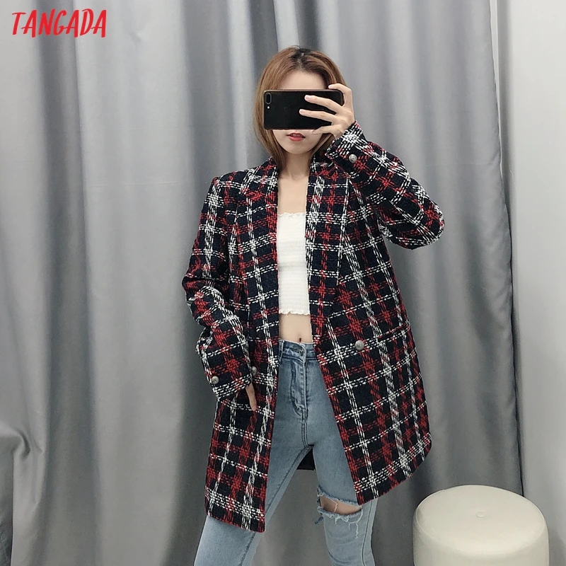 Tangada, женское плотное твидовое пальто, красная клетчатая Свободная куртка с длинным рукавом и карманом,, женское элегантное осенне-зимнее пальто BE18