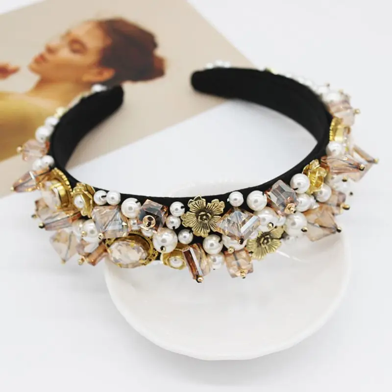 

Handmade Colored Geometric Faux Crystal Pearls Headband Women Banquet Prom Wide Hair Hoop Retro Baroque Palace Jewelry Headwear