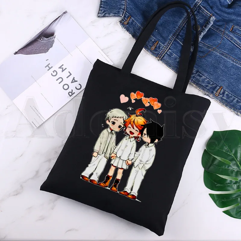

Yakusoku No Promised Neverland Black Canvas Print Shopping Bags Girls Fashion Life Casual Pacakge Hand Bag