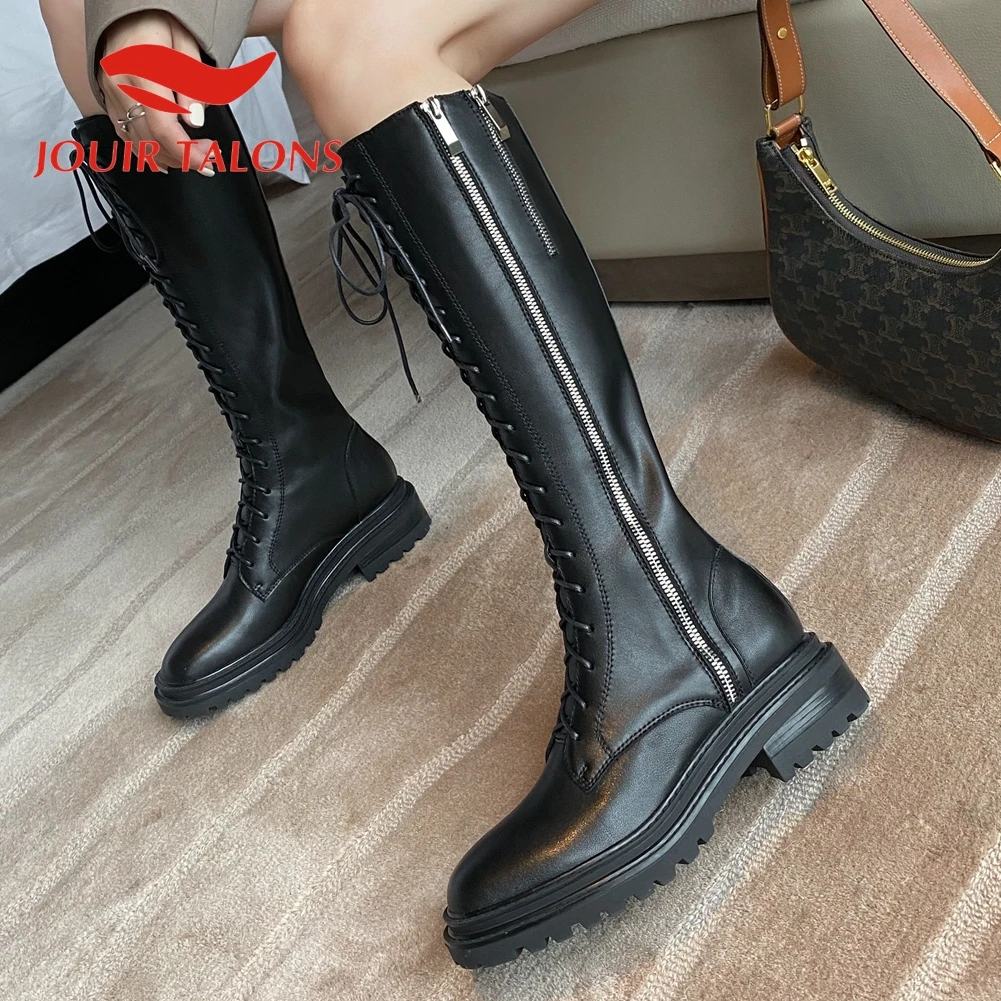 

JOUIR TALONS Top Qaulity New Design On Sale Genuine Leather Round Toe Zip Mid-calf Boots Cross-tied Low Heels