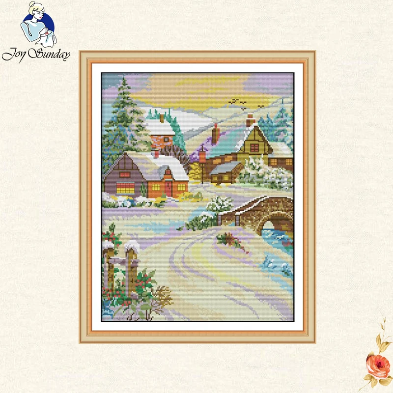 Красивые зимние узоры для вышивки крестиком напечатанные на ткани 14CT 11CT