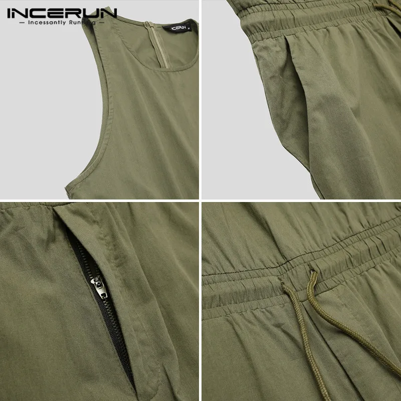 

Men Jumpsuit Vintage Sleeveless Cotton Joggers Solid Cozy Drawstring Pants Rompers Zipper Streetwear Men Overalls INCERUN S-5XL