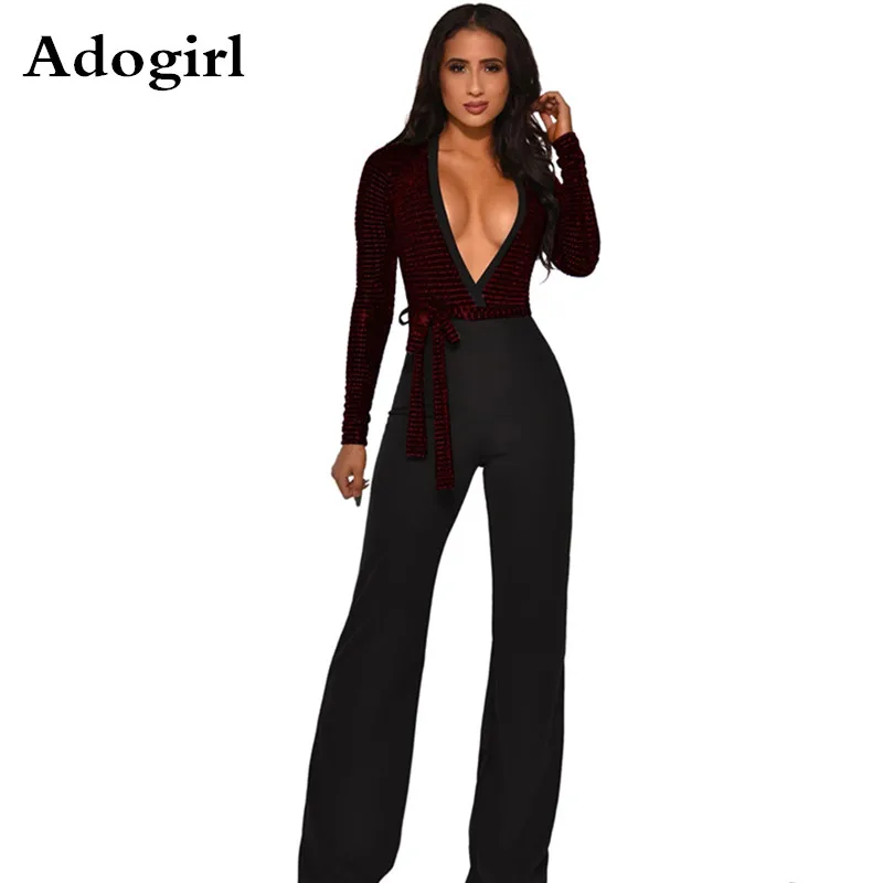 

Цветной лоскутный комбинезон с блестками с глубоким v-образным вырезом и поясом; комбинезон с длинными рукавами; широкие брюки; бандажные Ко...