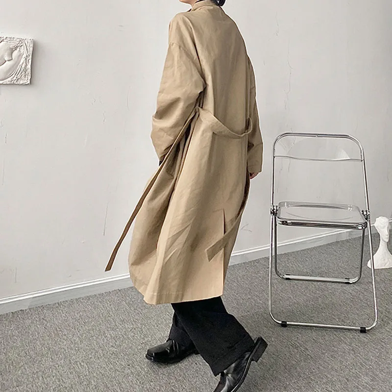 

Male Women Streetwear Vintage Fashion Couple Trench Jacket Outerwear Men Stand Collar Belt Loose Casual Long Trenchcoat